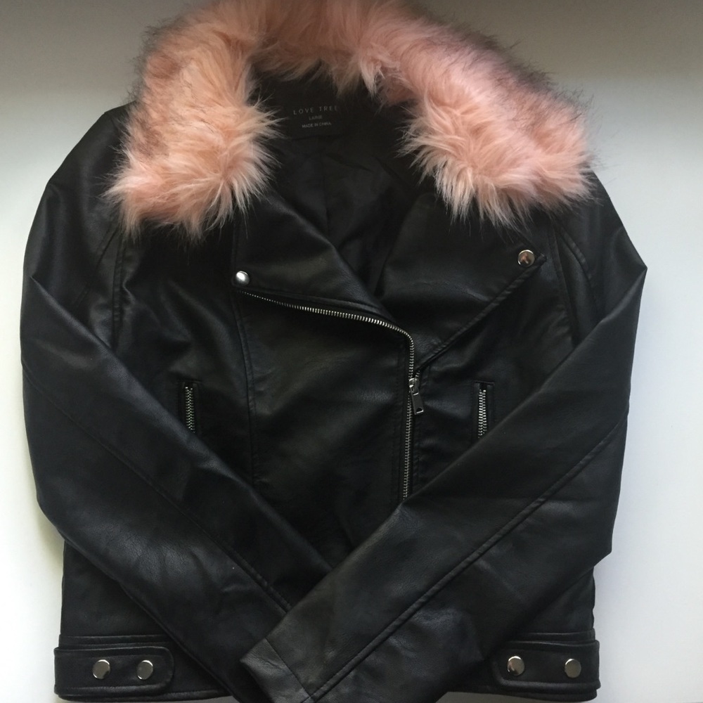 Leather Jacket with Removable Pink Fur Trim